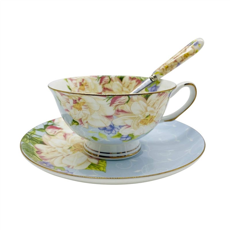 Krysclove Vintage Ceramic Teacup, Elegant Coffee Cup with Spoon and Saucer Set, Fine Royal Bone China Tea Cups (Blue) - Image 1
